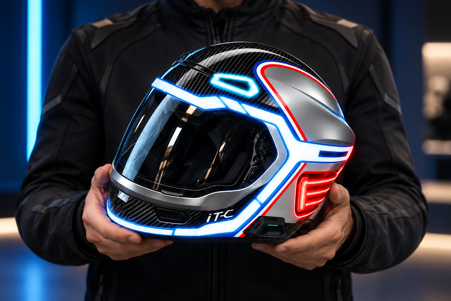TALI iT-C connected helmet held in two hands, ready to try, in a softly lit showroom. Campaign illustration.